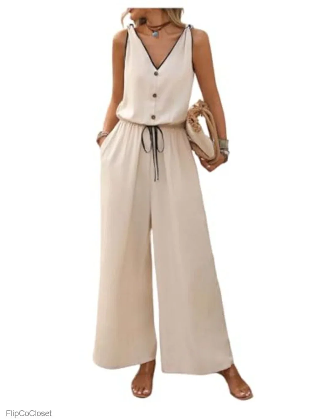 Sleeveless V Neck Button High Waist Summer Jumpsuit